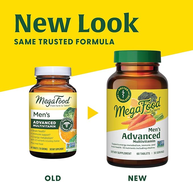 MegaFood Men's Advanced Multivitamin for Men - Doctor -Formulated - Choline, Vitamin B12, Vitamin D, Vitamin C & Zinc - Brain Health & Immune Support - Non-GMO - Vegetarian - 120 Tabs (60 Servings)