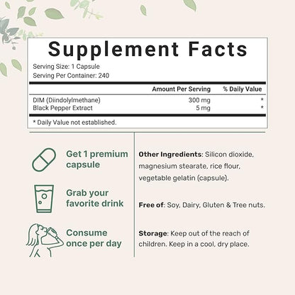 DIM Active Supplement, DIM 300mg, 240 Veggie Capsules (8-Month Supply), 2 in 1 Formula, Estrogen Metabolism, Premium DIM-Plus Broccoli Extract Supplement With Black Pepper for Better Absorption
