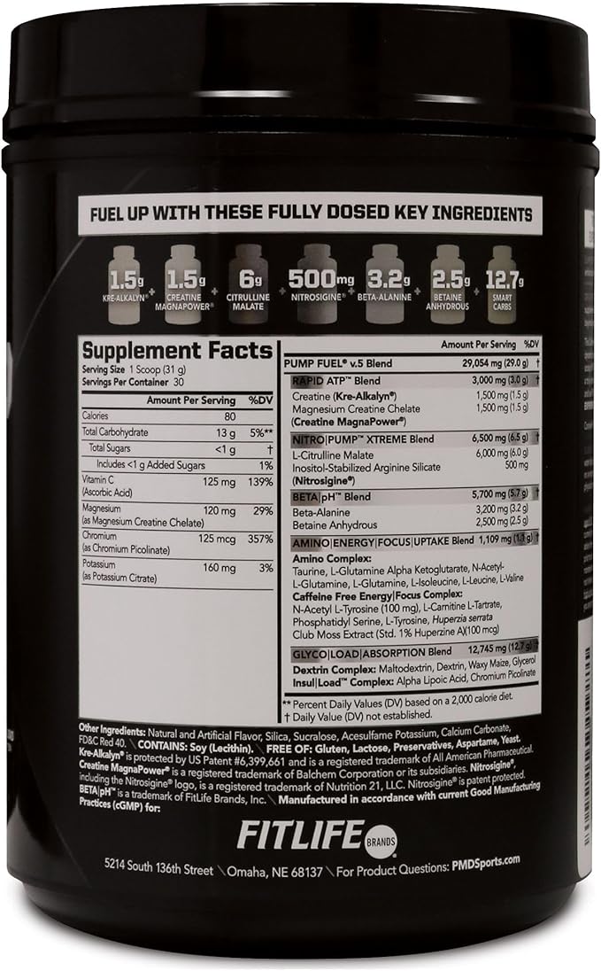 PMD Sports Ultra Pump Fuel Caffeine Free - Pre Workout Drink Mix - Energy, Strength, Endurance, Recovery Complex Carbohydrates and Amino Energy - Strawberry Limeade (30 Servings)