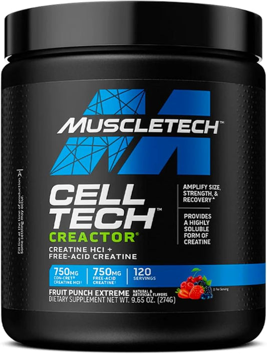 MuscleTech Cell-Tech Creactor - Creatine HCl Formula - Muscle Builder for Men & Women - Creatine HCl + Free-Acid Creatine Supplements - Fruit Punch Extreme, 120 Servings