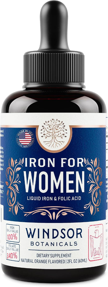 Liquid Iron Supplement for Women 2-Pack - Folic Acid, Vitamin C, Vegan Liquid Iron Supplements for Anemia, Menstruation, Pregnancy Support - Iron Liquid Drops Orange Flavor - 2x2oz