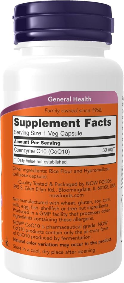 NOW Supplements, CoQ10 30 mg, Pharmaceutical Grade, All-Trans Form produced by Fermentation, 60 Veg Capsules