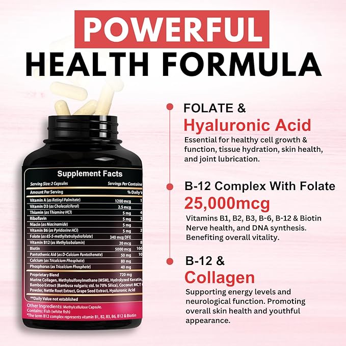 B12 Methylcobalamin with Hyaluronic Acid, Collagen, and Folate – 25000 mcg Supplement Enhance Absorption & Boost Energy | Gluten-Free, Made in USA, B1, B2, B3, B6, B7 Complex - Pack of 2