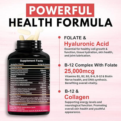 B12 Methylcobalamin with Hyaluronic Acid, Collagen, and Folate – 25000 mcg Supplement Enhance Absorption & Boost Energy | Gluten-Free, Made in USA, B1, B2, B3, B6, B7 Complex - Pack of 2