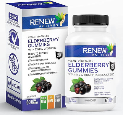 Renew Actives Vegan Elderberry Gummies with Vitamin C & Zinc - Antioxidants for Immune Function & Healthy Development of Bones, Cartilage, Hair, Nails, and Skin - 60 Gummies