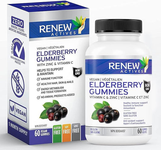 Renew Actives Vegan Elderberry Gummies with Vitamin C & Zinc - Antioxidants for Immune Function & Healthy Development of Bones, Cartilage, Hair, Nails, and Skin - 60 Gummies