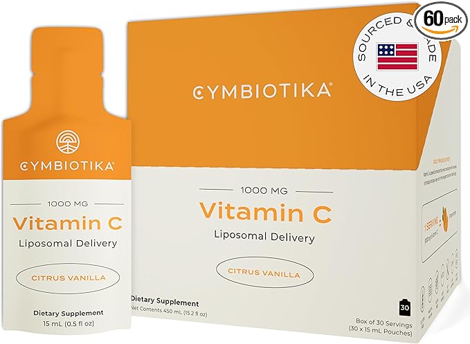 CYMBIOTIKA Vitamin C Individual Packets, Liposomal Delivery, Supplement for Immune Support, Collagen Boost, & Healthy Aging, Skin Hydration Packets, Citrus Vanilla Flavor, 30 Pack