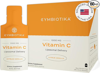 CYMBIOTIKA Vitamin C Individual Packets, Liposomal Delivery, Supplement for Immune Support, Collagen Boost, & Healthy Aging, Skin Hydration Packets, Citrus Vanilla Flavor, 30 Pack