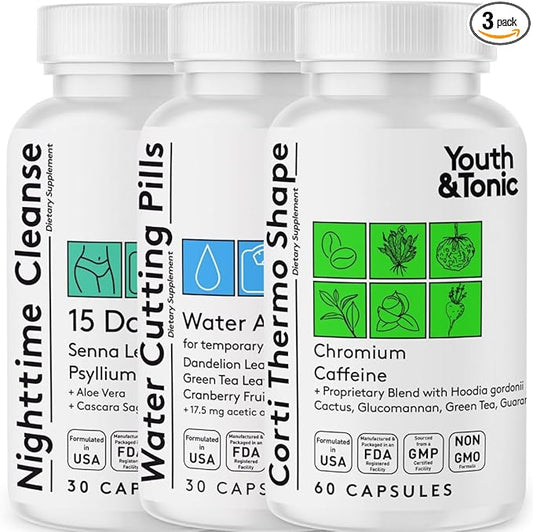 Youth & Tonic Sculpt Shred Cleanse Detox 3X Weight Loss Pills: Appetite Suppressant, Fat Burner, Energy Booster & Nighttime Cleanse for Diet – 120 Pills