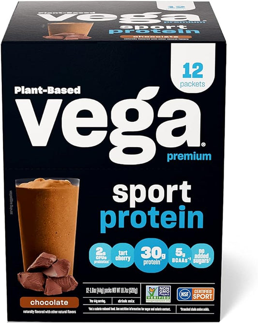 Vega Sport Premium Vegan Protein Powder, Chocolate - 30g Plant Based Protein, 5g BCAAs, Low Carb, Keto, Dairy Free, Gluten Free, Pea Protein for Women & Men, 12 x 1.6 oz Sachets (Packaging May Vary)