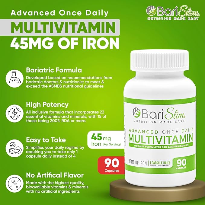 BariSlim Advanced Once Daily Bariatric Multivitamin Capsule - 45 mg of Iron - Bariatric Vitamin for Post Bariatric Surgery Including Gastric Bypass and Gastric Sleeve | 90 Day Supply
