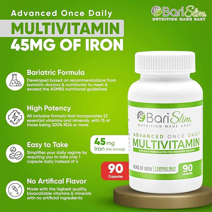 BariSlim Advanced Once Daily Bariatric Multivitamin Capsule - 45 mg of Iron - Bariatric Vitamin for Post Bariatric Surgery Including Gastric Bypass and Gastric Sleeve | 90 Day Supply