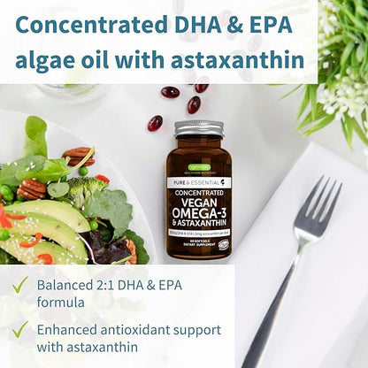 Vegan Omega-3 Natural Triglyceride Algae Oil, DHA & EPA Fatty Acid Supplement, 60 Small Softgels with Astaxanthin, Easy-to-Swallow, Pure & Sustainable, 30 Servings, by Igennus