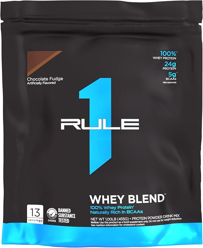 Rule One Proteins, R1 Whey Blend - 24g Fast-Acting Whey Protein Concentrates, Isolates, and Hydrolysates Per Serving, with Naturally Occurring EAAs and BCAAs (1 Pounds*, Chocolate Fudge)