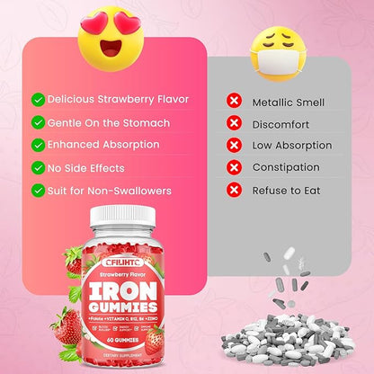 Iron Gummies for Women & Men - Iron Supplement with Vitamin B6, B12, C, Zinc, Folate for Adults & Kids - Support Iron Deficiency, Anemia, Energy Boost, Blood Builder - Sugar Free Vegan 60ct Strawberry