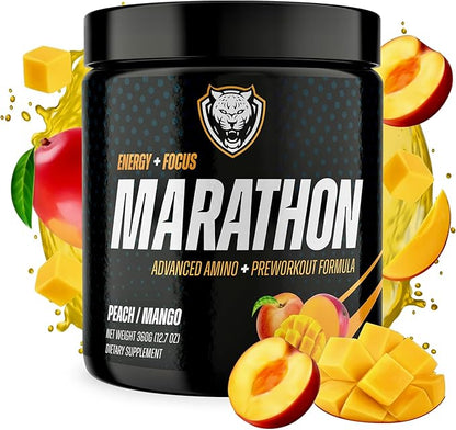 6AM Run Marathon, Pre Workout Powder for Distance Running, High Energy Amino Formula, for Cardio and Stamina, No Jitters, All Natural, Keto, Vegan, Peach Mango Flavor, 40 Servings