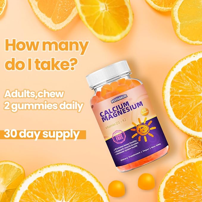Calcium Magnesium Gummies for Adult: with Zinc Vitamin D3 K2 for Women Men Organic Sugar Free Vegan Chewable Gummy - High Absorption for Immune Strength（60count