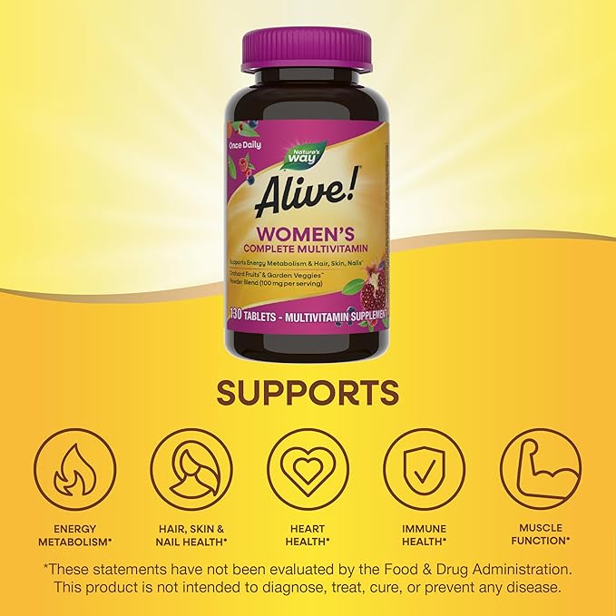 Nature's Way Alive! Daily Complete Multivitamin for Women, Supports Energy Metabolism, Hair, Skin & Nails*, B-Vitamins, 130 Tablets, 130 Tablets (Packaging May Vary)