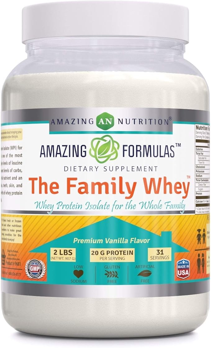 Amazing Formulas The Family Whey Protein (Isolate) Powder for The Whole Family - 2 lbs - Most Complete & Purest Form of Protein - Gluten Free (Vanilla)