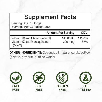 DEAL SUPPLEMENT Vitamin D3 10,000 IU + K2 MK7 200 mcg, Infused with Virgin Coconut Oil, 250 Softgels, Double Strength Vitamin D & K, Promotes Heart, Bone & Teeth Health - Very Easy to Swallow