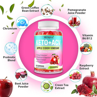 Apple Cider Vinegar Gummies, Fast Ripped Keto ACV Gummies, Max Strength 2000mg, Formulated with Green Tea, Probiotics, B6 & B12, ACV Gummies for Metabolism, Digestion, Detox & Cleanse, 60 Gummies