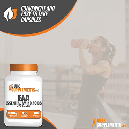 BulkSupplements.com Essential Amino Acids Capsules - EAA Capsules, Essential Amino Acids Supplement, EAAs Amino Acids - EAA Supplements, 2 Capsules per Serving, 180-Day Supply, 360 Capsules