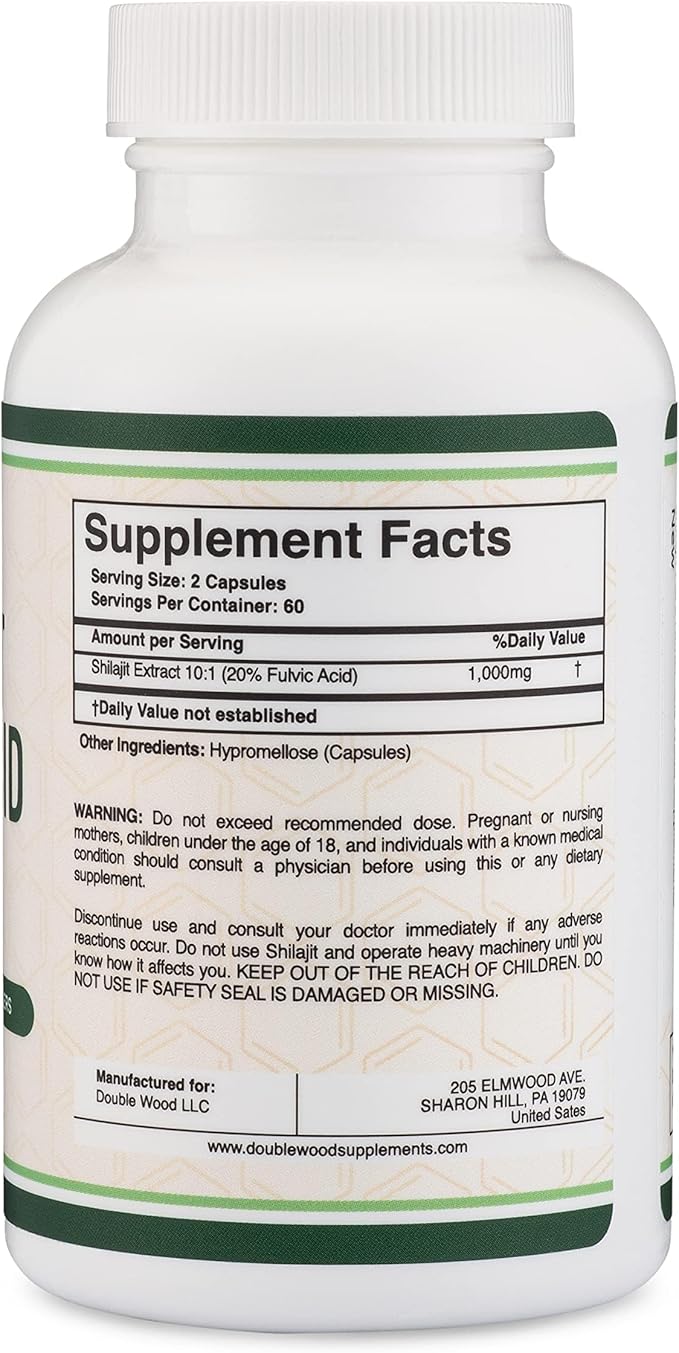 Shilajit Pure Himalayan Capsules (20% Fulvic Acid Supplement) 1,000mg of Authentic Shilajit Extract per Serving, 120 Count (High in Trace Minerals, No Fillers) by Double Wood