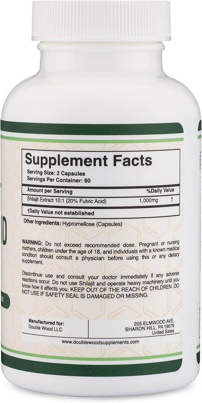 Shilajit Pure Himalayan Capsules (20% Fulvic Acid Supplement) 1,000mg of Authentic Shilajit Extract per Serving, 120 Count (High in Trace Minerals, No Fillers) by Double Wood