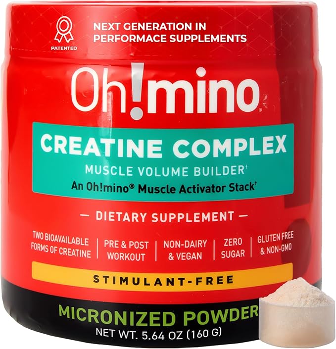 Oh!mino Patented Creatine Complex Supplement: Vegan, Sugar Free, Non-GMO & Gluten Free - Patented Formula: Pre & Post Workout Creatine, Micronized Powder, Lemon Lime Flavor (40 Servings)