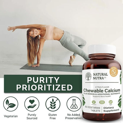 Natural Nutra Chewable Calcium Supplement for Bone Strength, Promotes Muscle Health, Maintain Teeth, Support Nerve Health, and Cardiovascular Health, 60 Tablets