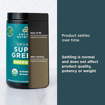 Organic SuperGreens Energizer Powder with Probiotics and B12 by Ancient Nutrition, Made from Real Fruits, Vegetables and Herbs, for Digestive, Detoxification and Energy Support, 25 Servings