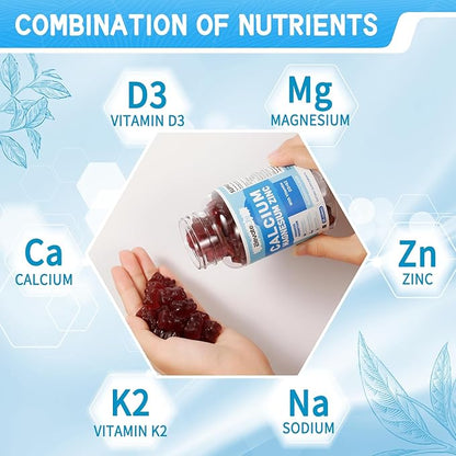Calcium Magnesium Zinc Gummies with Vitamin D3 & K2 - High Potency Enhanced Absorption -60 Blueberry Gummies Flavored