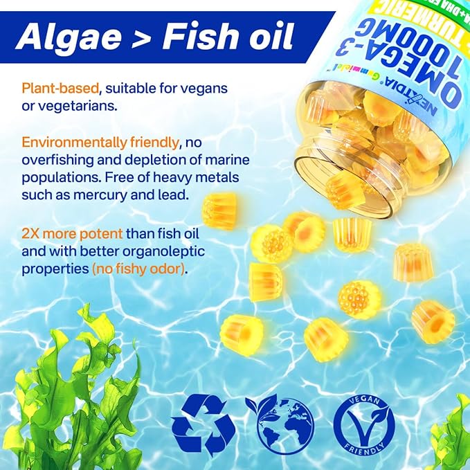 Vegan Omega-3 Gummies 1000mg + Turmeric - Omega 3 Fish Oil Alternative for Adults - Algae Omega DHA 600mg & EPA 300mg, Vitamins A, C, E, Zinc & MSM - Mobility, Immune, Eye & Brain, Sugar Free, 60 Cts