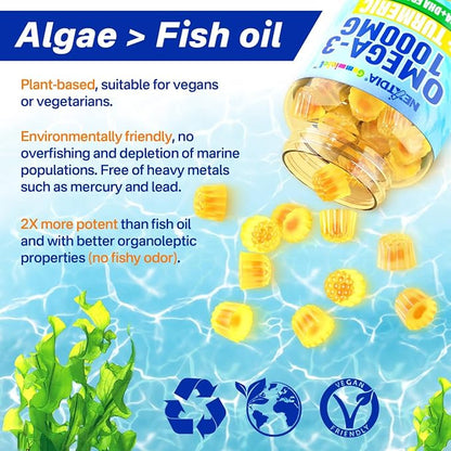 Vegan Omega-3 Gummies 1000mg + Turmeric - Omega 3 Fish Oil Alternative for Adults - Algae Omega DHA 600mg & EPA 300mg, Vitamins A, C, E, Zinc & MSM - Mobility, Immune, Eye & Brain, Sugar Free, 60 Cts