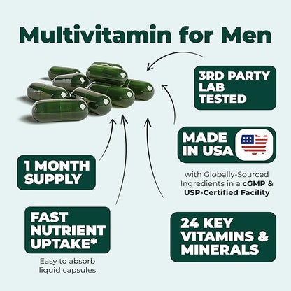 Multivitamin for Men - Daily Mens Multivitamins & Multiminerals with Vitamin A, C, D, E, B12, Zinc, Iron. Essential Vitamins for Men - Mens Vitamins for Energy, Focus & Mens Health. 60 Liquid Capsules
