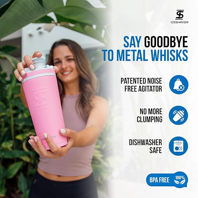Ice Shaker Insulated Stainless Steel Shaker Bottle | 26oz, Pink | Cold for 30+ Hours | Insulated Cup with Twist-on Agitator | Odor-Free Shaker Cup for Protein Shakes, Water, Smoothies, Cocktails