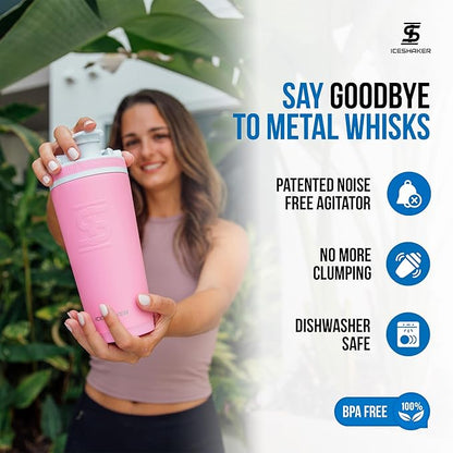 Ice Shaker Insulated Stainless Steel Shaker Bottle | 26oz, Pink | Cold for 30+ Hours | Insulated Cup with Twist-on Agitator | Odor-Free Shaker Cup for Protein Shakes, Water, Smoothies, Cocktails