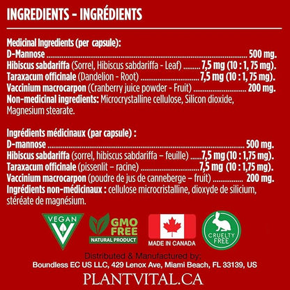 Plantvital D Mannose Capsules with Cranberry - D-mannose 1000mg Capsules - High Potency for Bladder, Kidney and Urinary Tract Support. Cranberry Powder with Hibiscus and Dandelion. 2 Months Supply