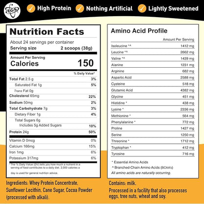 Whey Protein Powder Chocolate - 2lb - No Artificial Ingredients, Made in USA