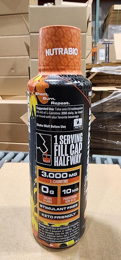 NutraBio – L-Carnitine Liquid Shots – 3000mg, (Peach Rings) – 10mg of Vitamin B-5 – Zero Carbs & Sugars – Energy Production – Muscle Recovery