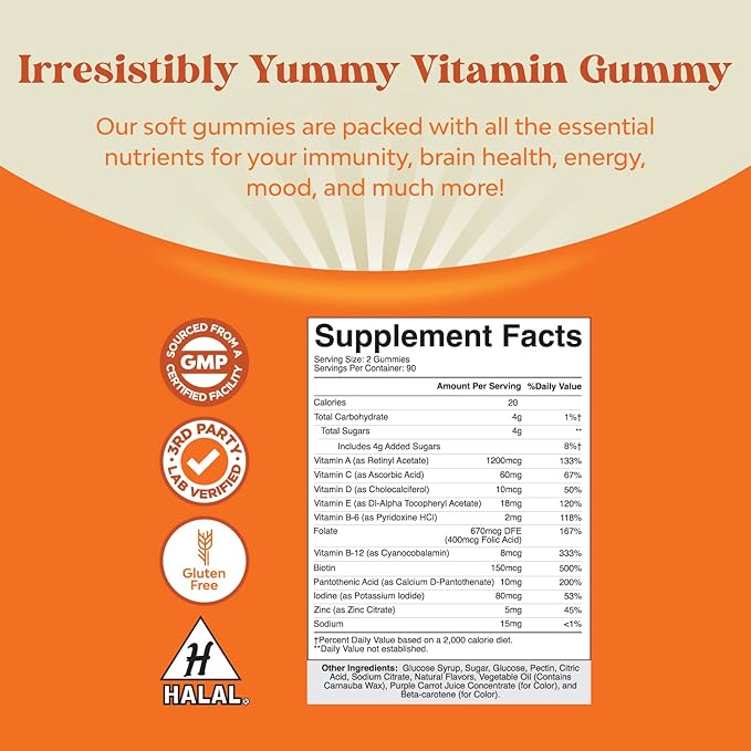 Potent Daily Multivitamin Gummies for Adults - Wellness Blend of Vitamin D A C E B12 Zinc and Biotin - Adult Vitamin Gummy for Energy and Immune Health - Non-GMO Gluten Free and Halal - 180 Gummies