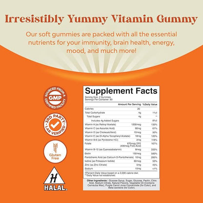 Potent Daily Multivitamin Gummies for Adults - Wellness Blend of Vitamin D A C E B12 Zinc and Biotin - Adult Vitamin Gummy for Energy and Immune Health - Non-GMO Gluten Free and Halal - 180 Gummies