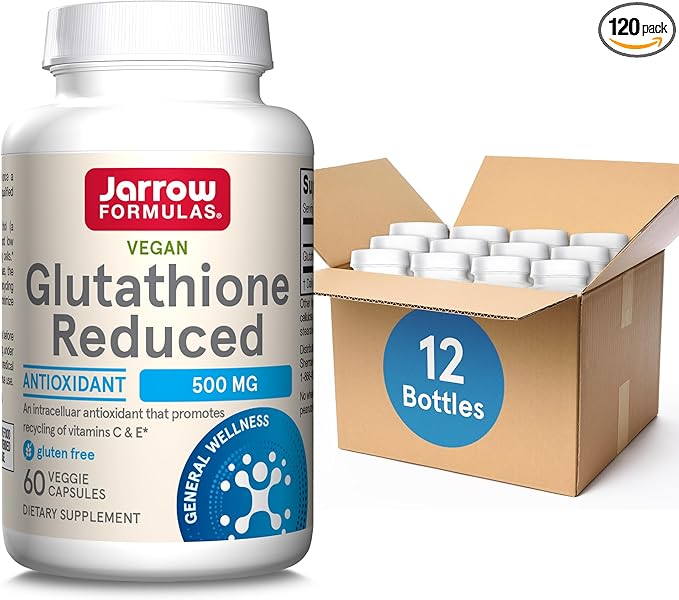 Jarrow Formulas Glutathione Reduced 500mg- 60 Veggie Capsules- Intracellular Antioxidant- Quality Glutathione Supplements- Supports Recycling of Vitamins C & E- Non-GMO- Gluten Free- Vegan, Pack of 12
