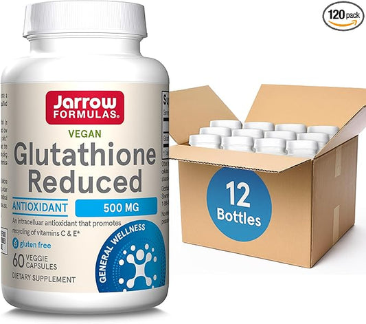 Jarrow Formulas Glutathione Reduced 500mg- 60 Veggie Capsules- Intracellular Antioxidant- Quality Glutathione Supplements- Supports Recycling of Vitamins C & E- Non-GMO- Gluten Free- Vegan, Pack of 12