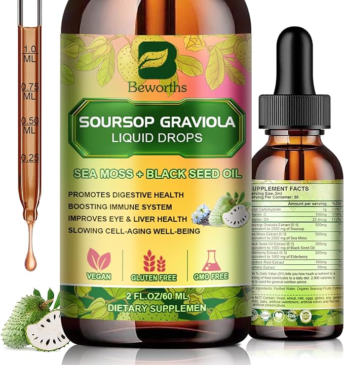 Soursop Bitters Liquid Drops with Irish Sea Moss, Black Seed oil, Soursop Graviola Leaves Extract - Soursop Multivitamin Complex Supports Antioxidant, Slowing Cell-Aging, Gut Cleanse, Detox & Immunity