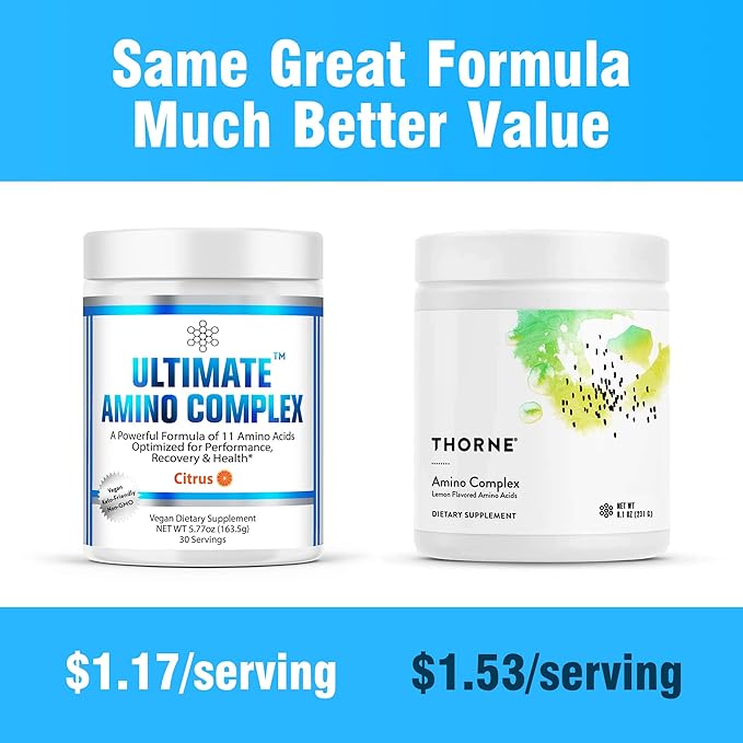 Ultimate Amino Complex Supplement (Citrus Flavor, 30 servings, 4g each) All 9 EAAs & BCAAs (L-Leucine, L-Isoleucine & L-Valine) Essential Amino Acid Powder for Women & Men for Energy & Muscle Recovery