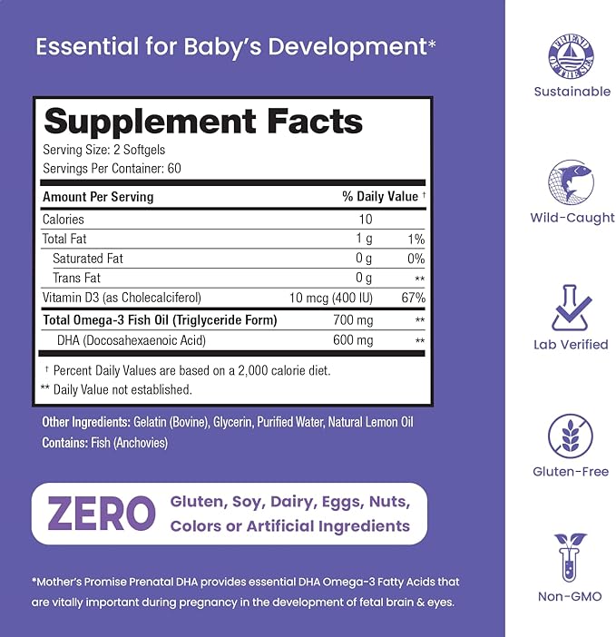 Prenatal DHA for Women 600mg + 400 IU Vitamin D3 | 120 Softgels | Supports Brain Health | Triglyceride Omega 3 Fish Oil DHA Prenatal Vitamins for Pregnancy & Nursing | 300mg per Capsule