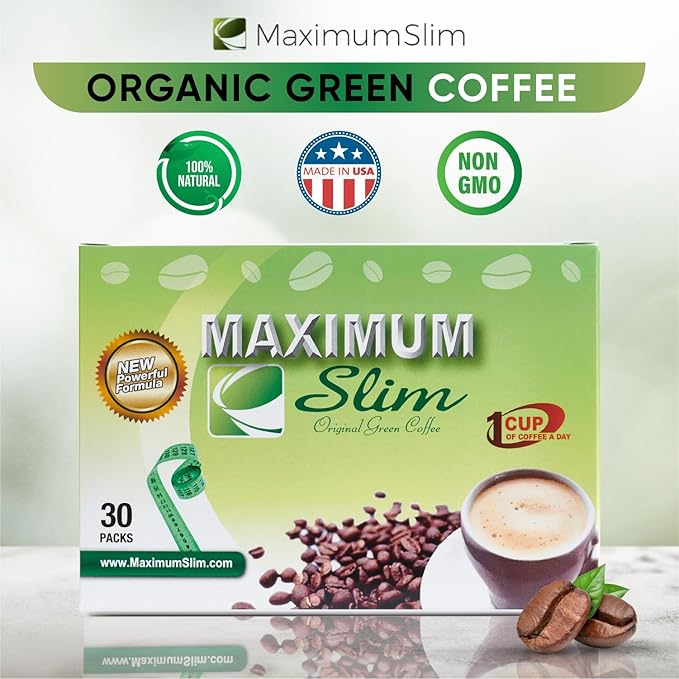 Maximum Slim Original Green Coffee –Premium 4-in-1 Formula with Natural Herbal Extracts for Energy & Vitality. Creamy & Delicious for Maximum Satisfaction. No Messy Side Effects-Made in the USA-30 Ct