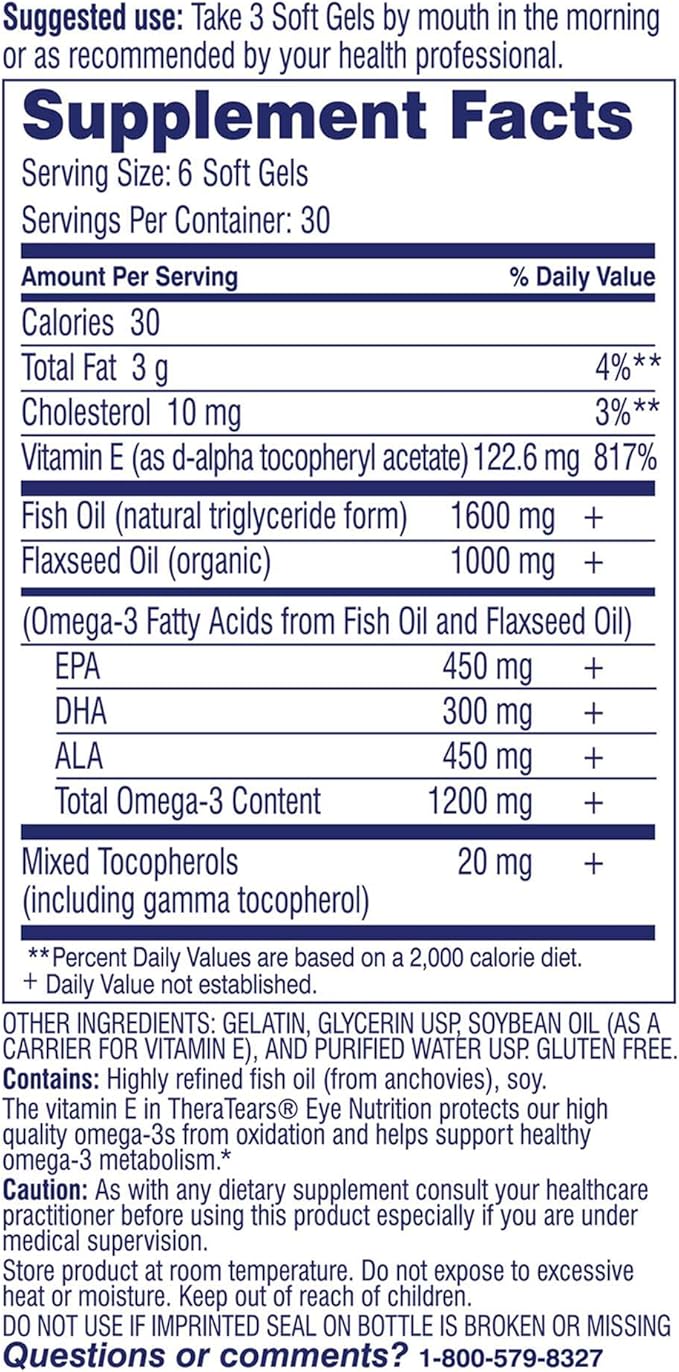 TheraTears 1200mg Omega 3 Supplement for Eye Nutrition, Organic Flaxseed Triglyceride Fish Oil and Vitamin E, 180 Count