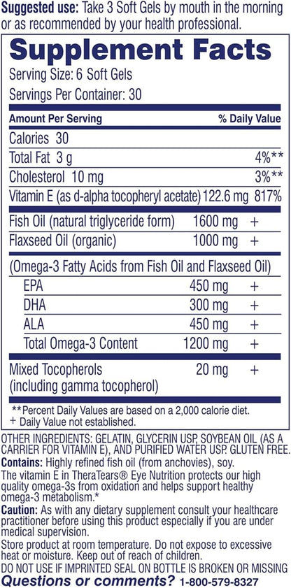 TheraTears 1200mg Omega 3 Supplement for Eye Nutrition, Organic Flaxseed Triglyceride Fish Oil and Vitamin E, 180 Count